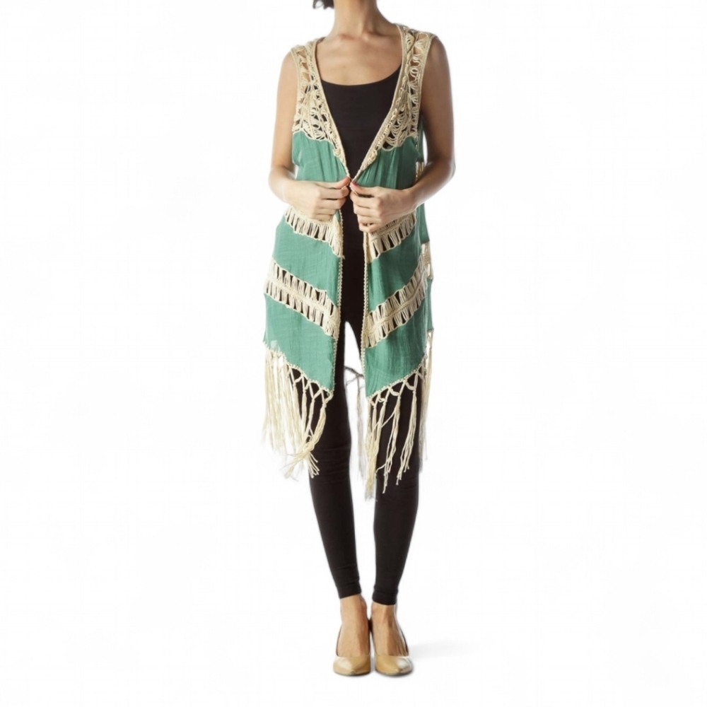 Umgee Retro 70s‎ Crochet Bohemian Long Fringe Gauze Open Crinkle Vest Sz M Moss